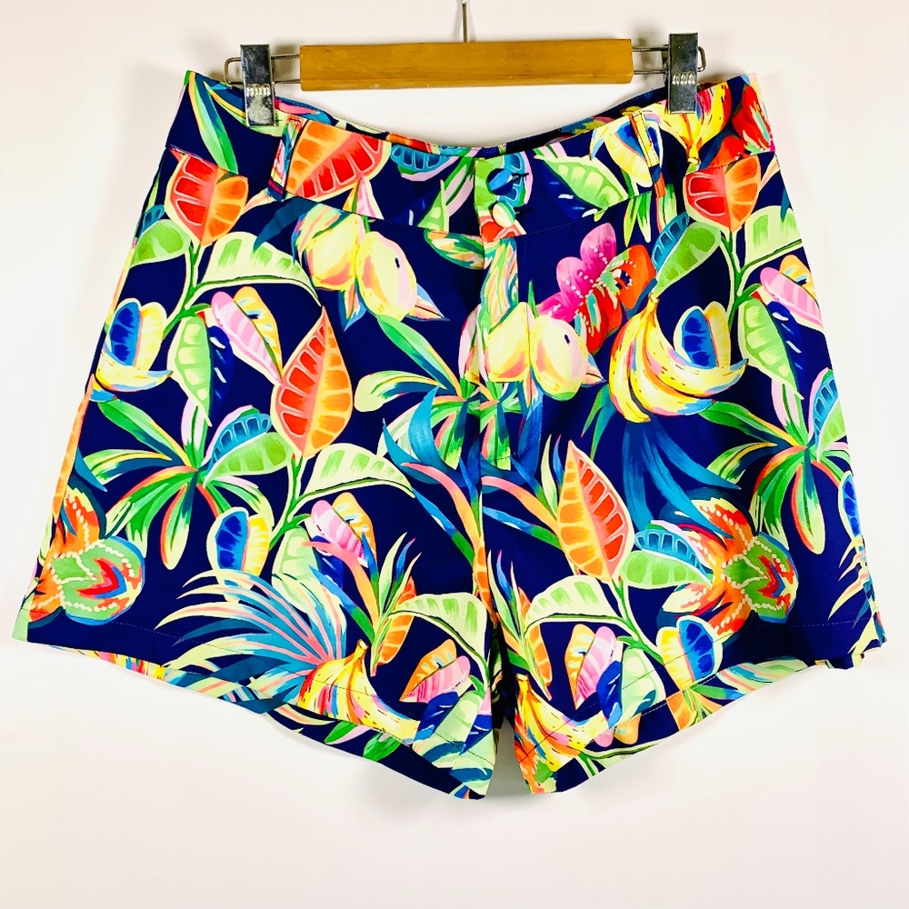 Vibrant chic tropical/floral blue yellow high waist button shorts beach/Hawaiian